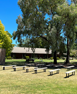 white benches